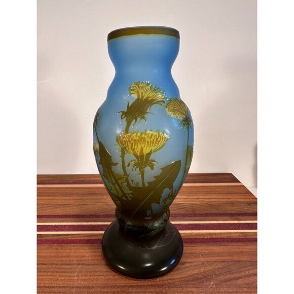 Antique Style Blue & Green Glass Vase With Dandelion Design 10" Tall Handcrafted - Picture 4 of 9